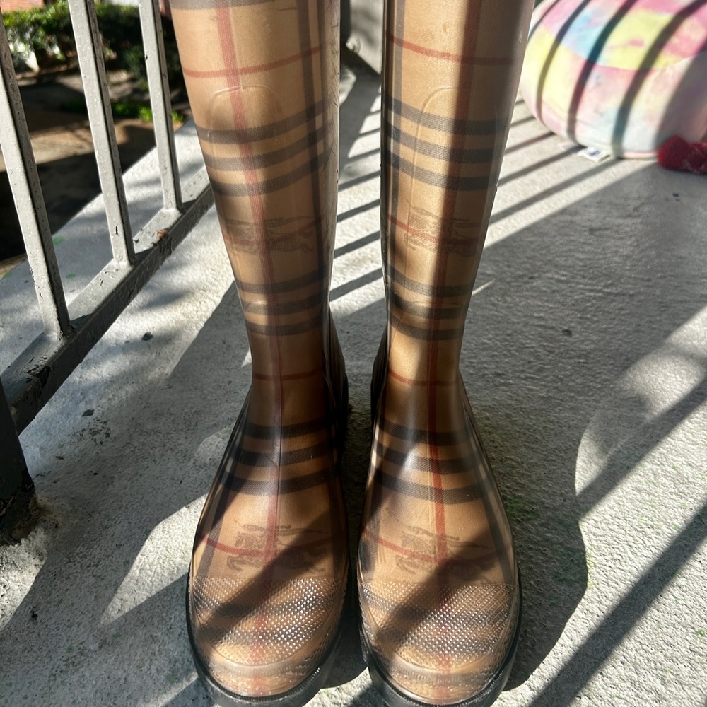 Burberry Classic Check Tall Rain Boots - Tan, Navy, Red - Picture 3 of 9